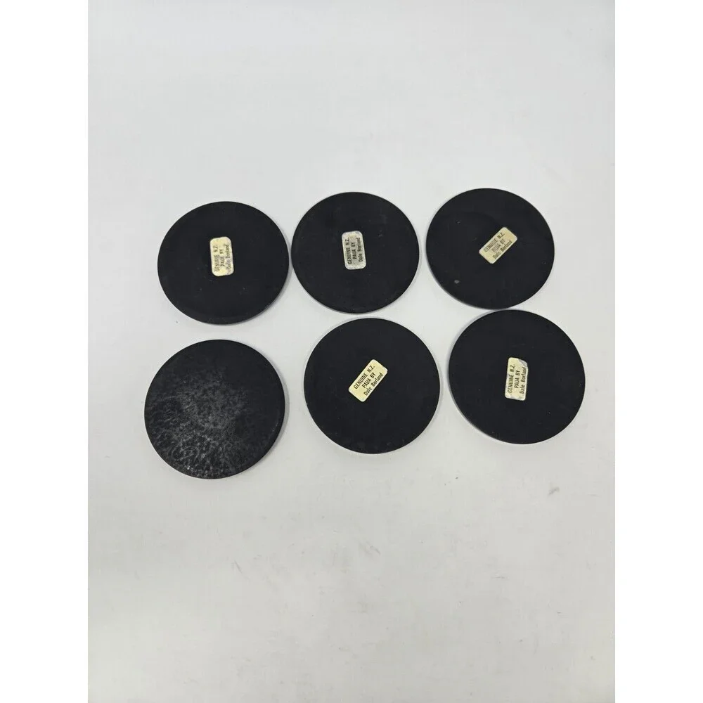VINTAGE DRINK COASTER SET OF 6 NEW ZEALAND PAUA SHELL & COINS MONEY COLLECTIBLE